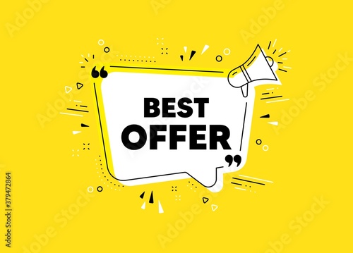 Best offer. Megaphone yellow vector banner. Special price Sale sign. Advertising Discounts symbol. Thought speech bubble with quotes. Best offer chat think megaphone message. Vector