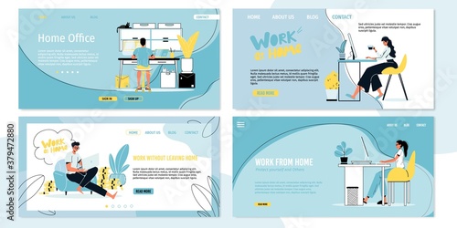 Home office, remote work without leaving room set. Young people employee freelancer working on laptop, computer on internet in comfortable condition, making money online. Freelance landing page layout