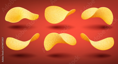 Set of yellow crispy chips isolated on red with shadow background, different shape pieces of potato snack, vector illustration