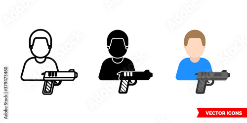 Killer murderer assassin icon of 3 types color, black and white, outline. Isolated vector sign symbol.