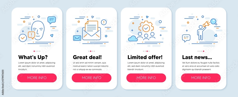 Set of Business icons, such as Mail correspondence, Teamwork, Face attention symbols. Mobile screen banners. Brand ambassador line icons. E-mail newsletter, Workflow, Exclamation mark. Vector Set of Business icons, such as Mail correspondence, Teamwork, Face attention symbols. Mobile screen banners. Brand ambassador line icons. E-mail newsletter, Workflow, Exclamation mark. Vector