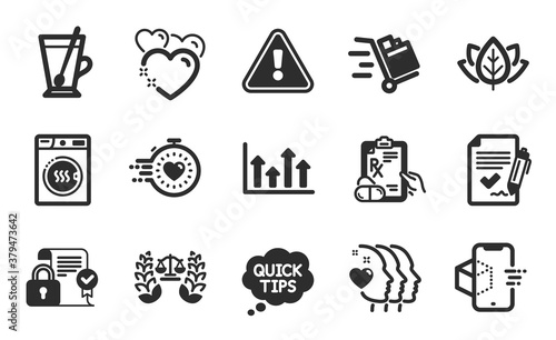 Push cart, Upper arrows and Augmented reality icons simple set. Dryer machine, Quick tips and Tea mug signs. Heart, Timer and Organic tested symbols. Flat icons set. Vector