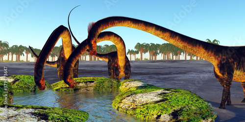 Dinosaur Drinking Spring - A herd of Barosaurus dinosaurs find a luscious water spring to quench their thirst during the Jurassic Period. photo