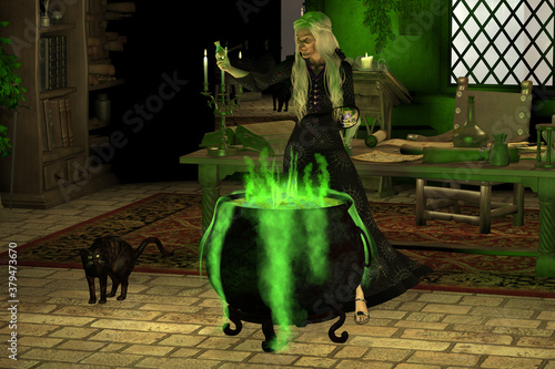 Quadro su tela Halloween Witch - A witch considers whether or not to put Toad Phlegm juice into her green cauldron brew as a black cat gets freaked out