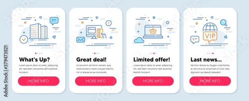Set of Business icons, such as Buildings, Online payment, Online shopping symbols. Mobile screen app banners. Vip internet line icons. Town apartments, Money, Notebook with shopping cart. Vector