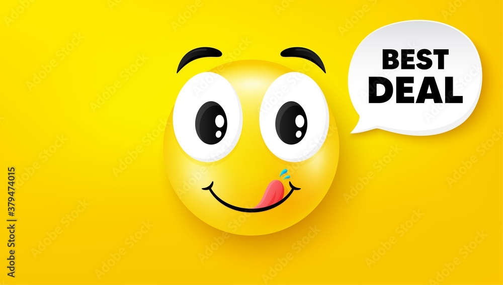 Best deal. Yummy smile face with speech bubble. Special offer Sale sign. Advertising Discounts symbol. Yummy smile character. Best deal speech bubble icon. Yellow face background. Vector