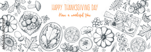 Thanksgiving food banner design. Thanksgiving illustration. Food hand drawn sketch. Festive dinner with turkey. Autumn food sketch. Engraved image. Vector thanksgiving background.