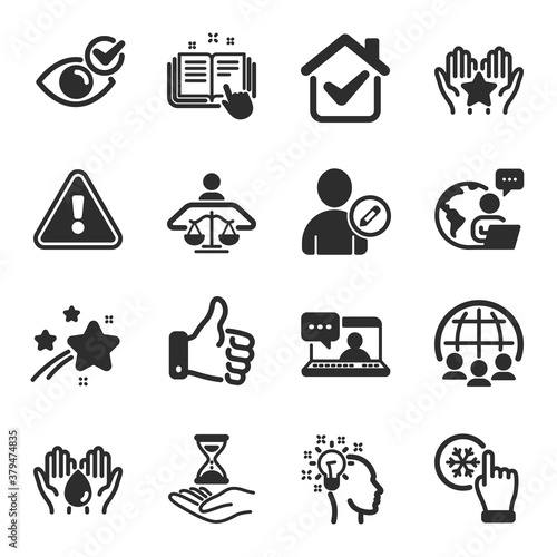 Set of People icons, such as Court judge, Ranking, Friends chat symbols. Idea, Technical documentation, Check eye signs. Like hand, Edit user, Wash hands. Freezing click, Global business. Vector