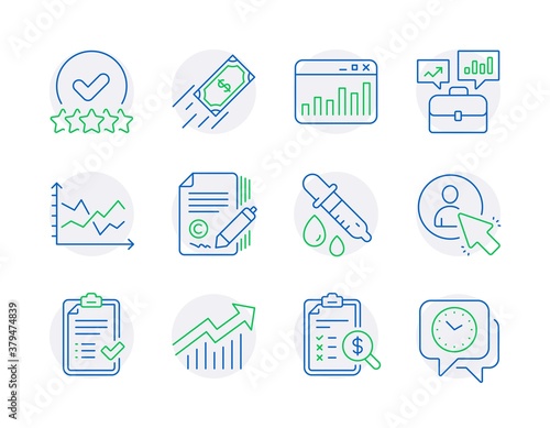 Education icons set. Included icon as Demand curve, Chemistry pipette, Diagram chart signs. Accounting report, Rating stars, Fast payment symbols. Copywriting, Business portfolio, User. Vector