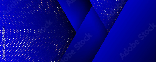 Background, gold glitter halftone on geometric abstract pattern, vector. Royal Blue black triangles background with glittery shine of golden confetti dots splatter spray, 3d effect background