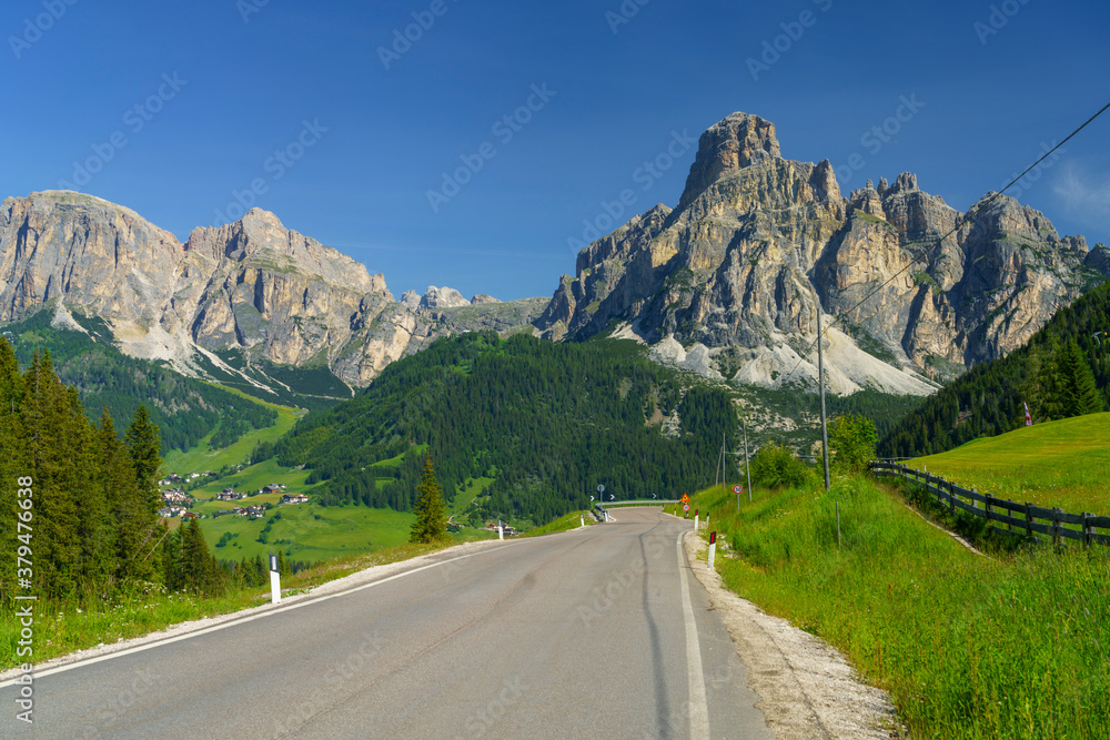 Fototapeta premium Mountain landscape along the road to Campolongo pass, Dolomites