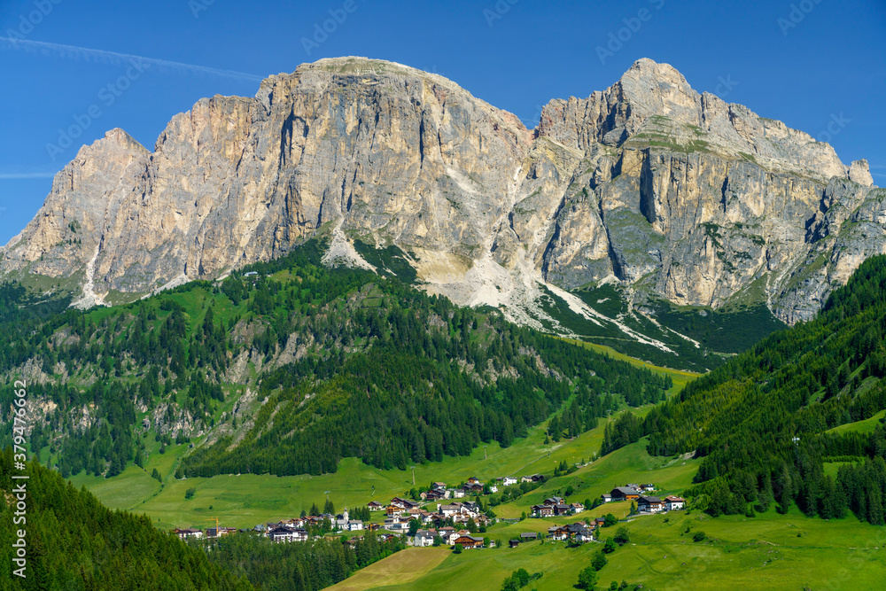 Mountain landscape along the road to Campolongo pass, Dolomites