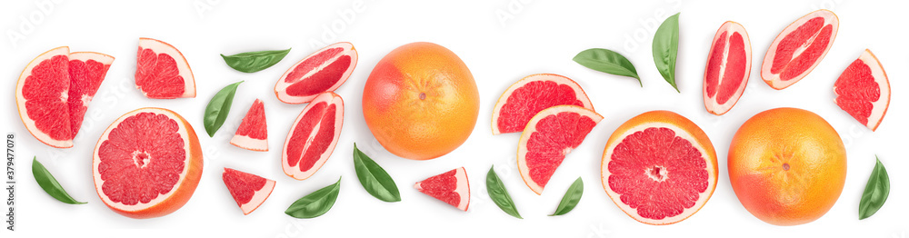 Grapefruit and slices isolated on white background. Top view with copy space for your text. Flat lay. With clipping path and full depth of field