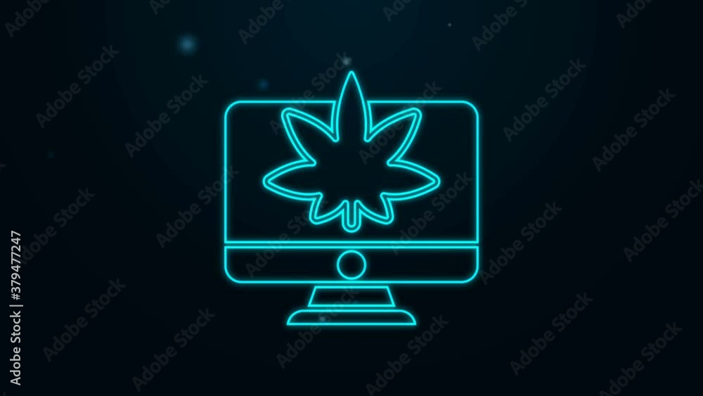 Glowing neon line Computer monitor and medical marijuana or cannabis leaf icon isolated on black background. Online buying. Supermarket basket. 4K Video motion graphic animation