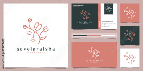 women face with flower logo design and business card. natural women logo for beauty salon, spa, cosmetic, and skin care. luxury feminine template.