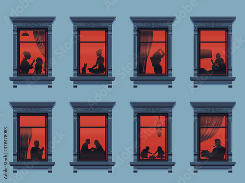 Neighbors in the windows. Cartoon characters in their apartment listen to music, children play and spend time together. Vector. Evening home scene, silhouette or shadow of people in the window