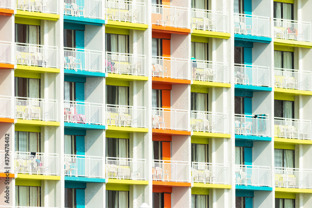 Bright Colorful Balconies on a Seaside Hotel on a Sunny Day