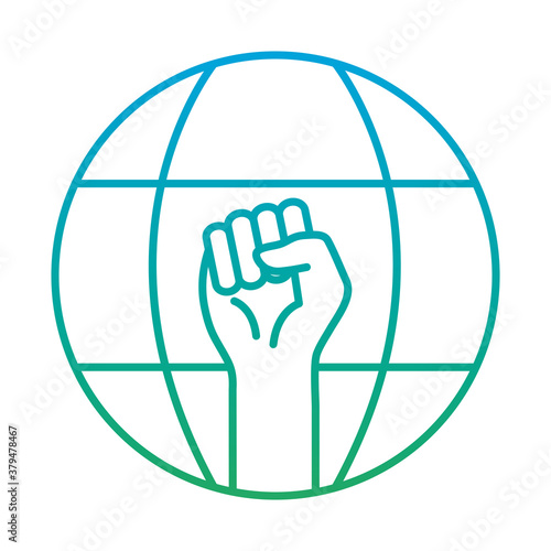 raised fist hand in global sphere degraded style icon design, Manifestation human rights and protest theme Vector illustration
