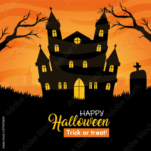happy halloween banner with castle haunted vector illustration design