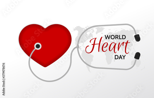 World heart day banner. Illustration of stylized red human heart with stethoscope