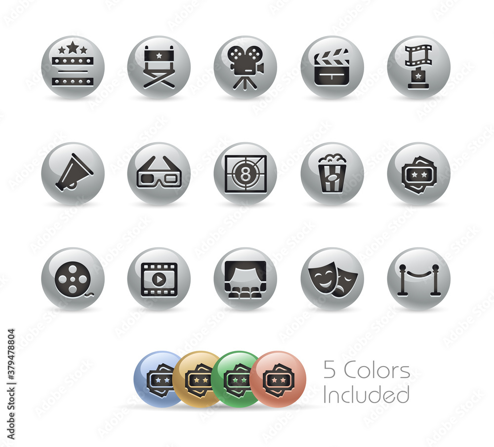 Film Industry and Theater Icons // Metal Round Series - The vector file includes 5 color versions for each icon in different layers.