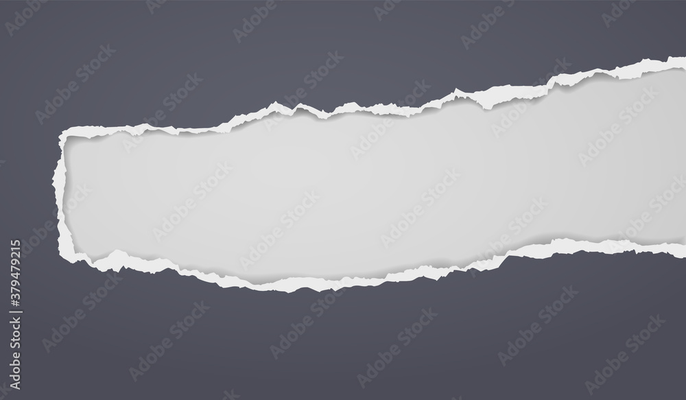 Piece of torn, ripped black paper with soft shadow is on white background for text. Vector illustration