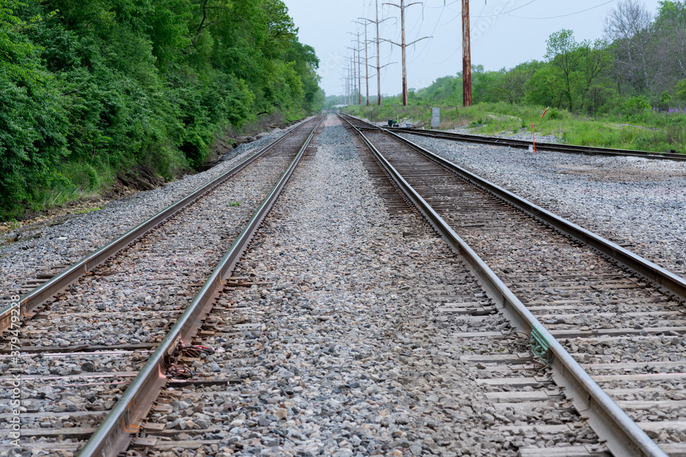 View of a double steel railroad tracks with trees on the side of the road.
View of a double steel railroad tracks with trees on the side of the road.