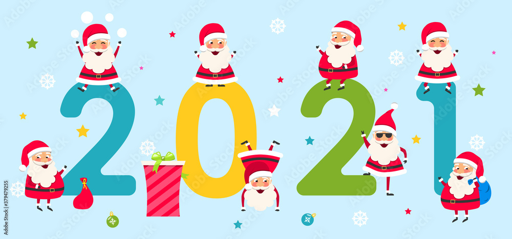 Happy New Year 2021, Collection Characters Santa Clauses. Cheerful Men Happy New Year 2021, Collection Characters Santa Clauses. Cheerful Men