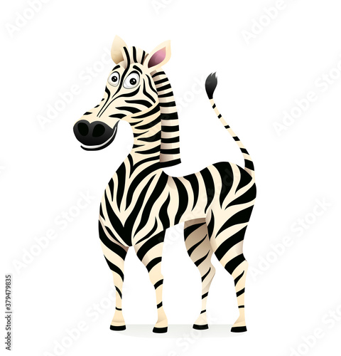 Smiling zebra 3d vector isolated clipart cartoon design. African safari animal mascot for kids  cheerful striped black and white zebra standing. Vector illustration for children.