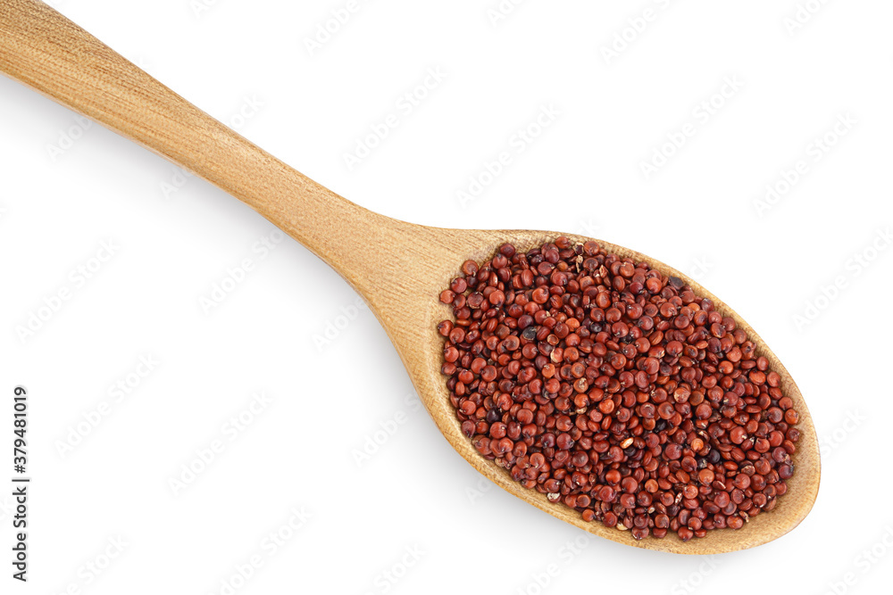 red quinoa seeds in wooden spoon isolated on white background with clipping path and full depth of field. Top view. Flat lay red quinoa seeds in wooden spoon isolated on white background with clipping path and full depth of field. Top view. Flat lay