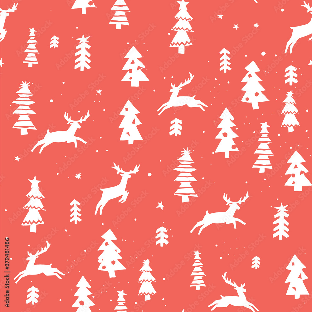 Fototapeta premium Christmas New Year seamless hand drawn vector pattern with deers and fir trees in the forest.