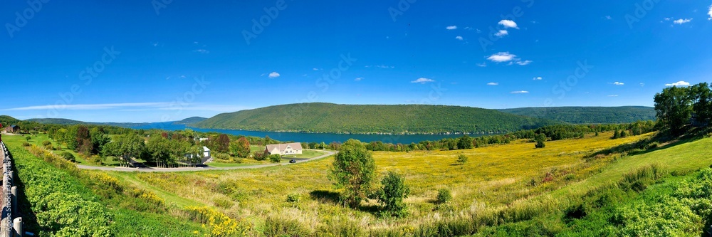 Panoramic view of Canandaigua Lake, mountain and valley, from Scenic Overlook in town of South Bristol. The Lake is the fourth longest of the Finger Lakes in the U.S. state of New York.  