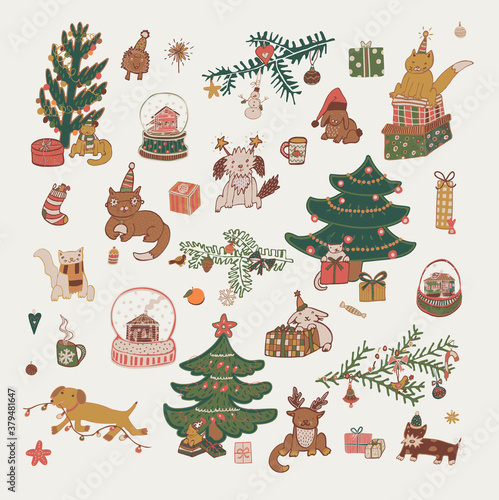 Winter Christmas hand drawn vector illustrations with pets animals: cats, dogs, rabbit.