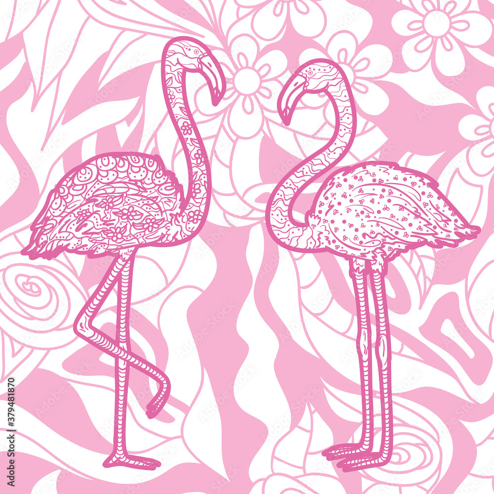 Square pattern with flamingos. Hand drawn floral mandala on isolated background Square pattern with flamingos. Hand drawn floral mandala on isolated background