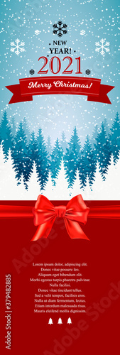 Merry Christmas and Happy New Year vertical greeting card with beautiful winter scenery. Blue Christmas tree landscape with snow. Vector illustration with hand drawn elements