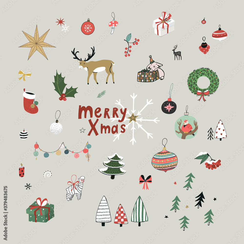 Winter Christmas objects hand drawn vector illustrations set.