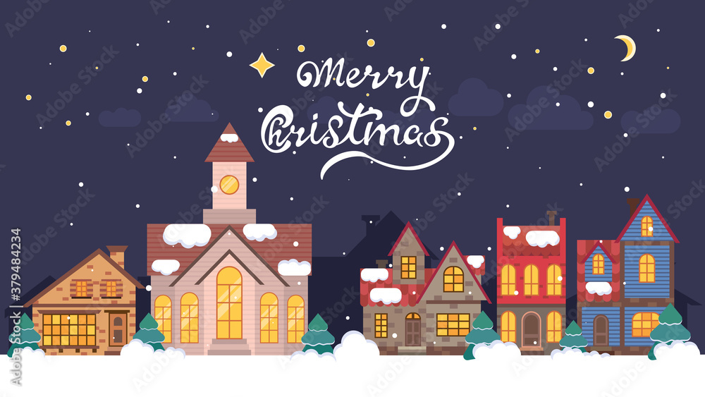 Winter village Christmas colored vector illustration