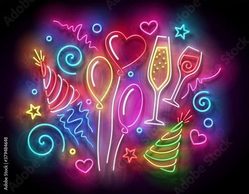Glow Different Form Balloons, Holiday Hat, Champagne and Confetti. Surprise Party, Happy Birthday Greeting Card. Neon Light Poster, Banner, Flyer, Invitation. Glossy Background. Vector 3d Illustration