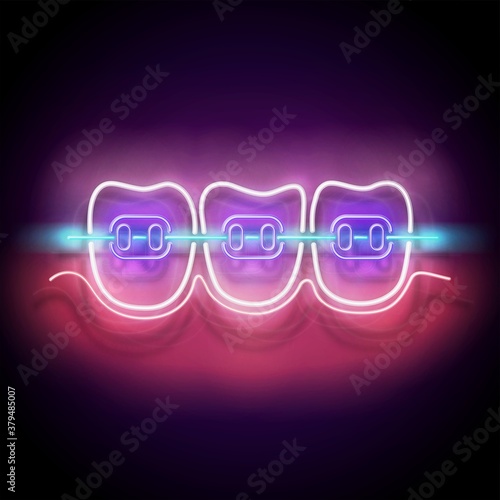 Glow Dentition with White Teeth and Braces. Orthodontic Clinic Concept Template. Neon Light Poster, Flyer, Banner, Signboard. Glossy Background. Vector 3d Illustration
