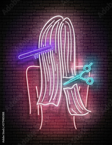 Glow Beautiful Woman Silhouette with Platinum Blond Hair, Haircut Process. Hairdresser Salon Template, Professional Trimming. Shiny Neon Light Poster, Flyer, Banner. Brick Wall. Vector 3d Illustration