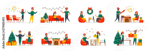 Clock chiming midnight on New Years Eve bundle of scenes with flat people characters. Happy couple together celebrating conceptual situations. Christmas winter holidays cartoon vector illustration.