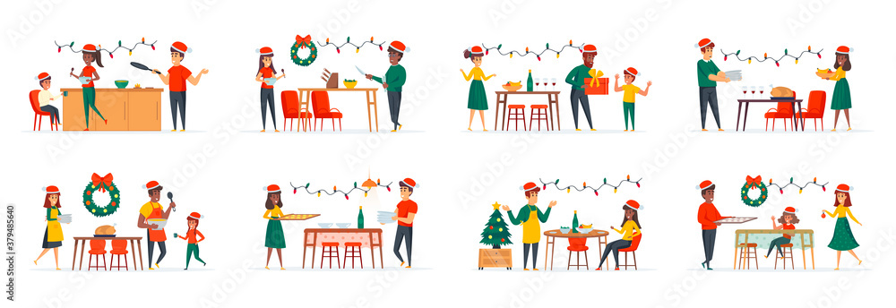 Christmas dinner bundle of scenes with people characters. People celebrating Christmas or New Year and having traditional festive dinner situations. Xmas winter holidays cartoon vector illustration.