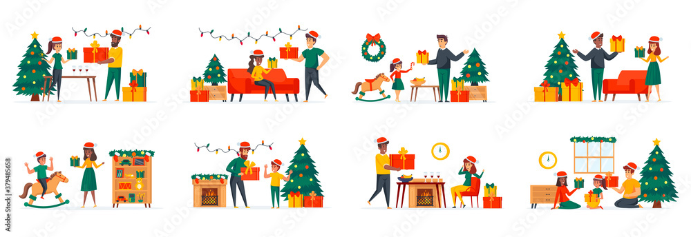 Gifts presenting bundle of scenes with flat people characters. Happy people giving gifts to each other conceptual situations. Merry Christmas and Happy New Year celebration cartoon vector illustration
