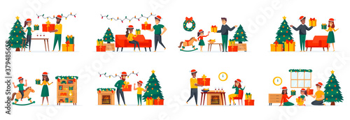 Gifts presenting bundle of scenes with flat people characters. Happy people giving gifts to each other conceptual situations. Merry Christmas and Happy New Year celebration cartoon vector illustration