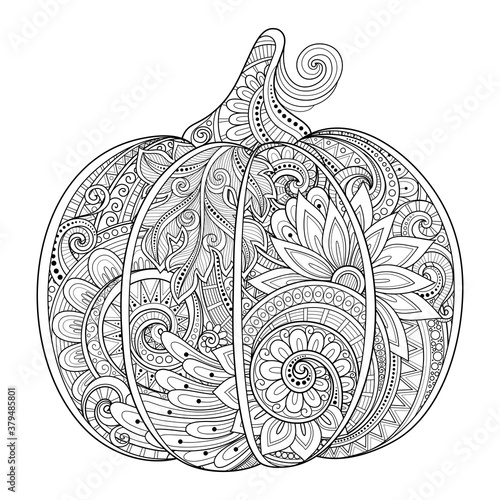 Monochrome Decorative Pumpkin. Fall Plant with Paisley Floral Ornament. Design Element for Thanksgiving and Halloween Holidays. Coloring Book Page. Vector Contour Illustration. Abstract Ornate Art