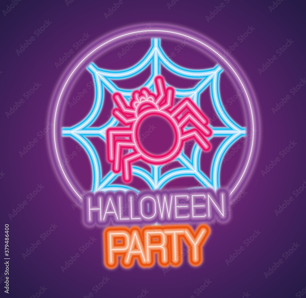 party halloween neon sign with spider and cobweb vector illustration design party halloween neon sign with spider and cobweb vector illustration design