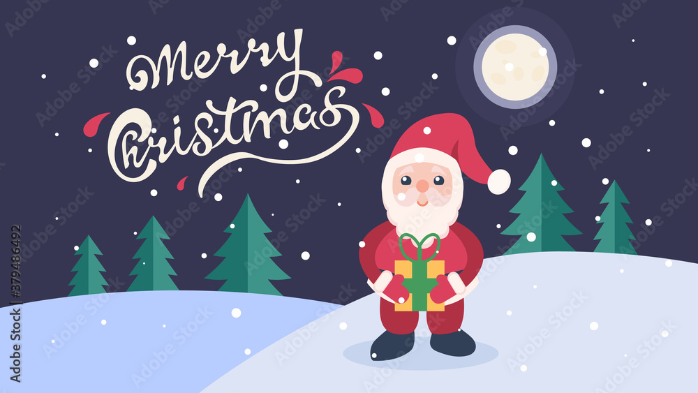 Christmas card with cute santa, night forest. Vector illustration Christmas card with cute santa, night forest. Vector illustration