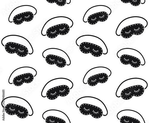Vector seamless pattern of black hand drawn doodle sketch sleeping mask with closed eyes isolated on white background