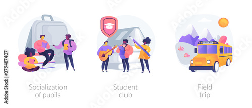 School environment abstract concept vector illustration set. Socialization of pupils, student club, field trip, after-school activity, college association, social interaction abstract metaphor.