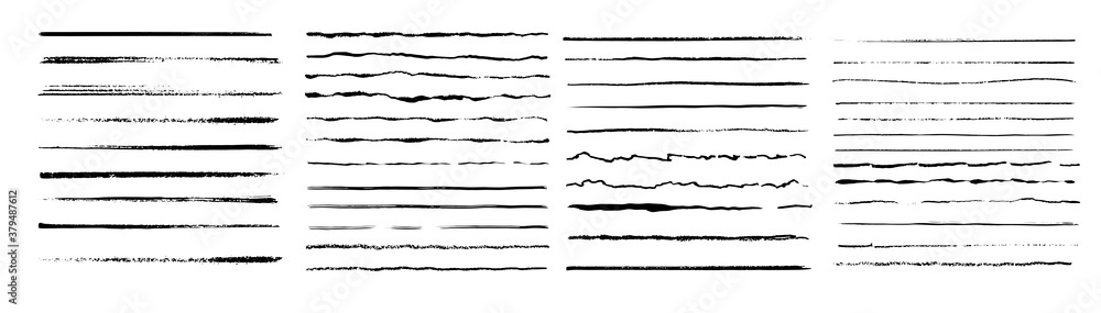Set of wavy horizontal lines. Marker hand-drawn line border set and scribble design elements. Lines hand drawn paint brush stroke. Vector set isolated on white. Hand drawn scribble.Black ink Set of wavy horizontal lines. Marker hand-drawn line border set and scribble design elements. Lines hand drawn paint brush stroke. Vector set isolated on white. Hand drawn scribble.Black ink